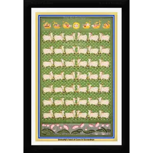 PICHWAI- PAINTED TEMPLE HANGING Shrinathji's herd of Cows in Goverdhan Pichwai Painting Framed Size 13.5X19.5 Inches
