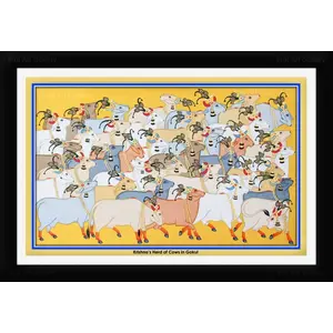 PICHWAI- PAINTED TEMPLE HANGING Pichwai Painting Krishna's Herd of Cows in Gokul Photo Frame Size 19.5X13.5 Inches