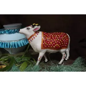 MEENAKARI ENAMEL PRODUCTS Metal Kamdhenu Cow Statue Good Luck Holy Cow for Home Decorative Spiritual Showpiece