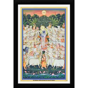 PICHWAI- PAINTED TEMPLE HANGING Shrinathji with Cows in Gokul Pichwai Painting Framed Size 13.5X19.5 Inches