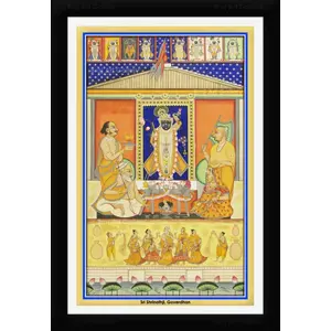 PICHWAI- PAINTED TEMPLE HANGING Shrinathji Saavan Aarti Darshan Pichwai Painting Framed Size 13.5X19.5 Inches