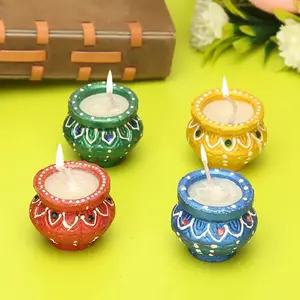 MEENAKARI ENAMEL PRODUCTS Clay Handmade Handi/Matka Shaped Tealight Candle Holder for Home Decor Diwali Gift Candle Diya Candle for Birthday Diwali Festival Decoration | Matki Diya Candles (Set of 4)