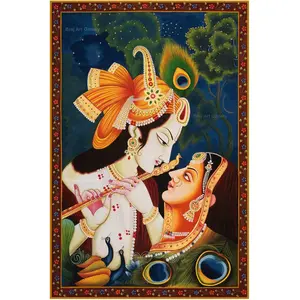 PICHWAI- PAINTED TEMPLE HANGING Large Pichwai Painting Print Krishna playing Flute for Radha Rani Size 24X36 Inches