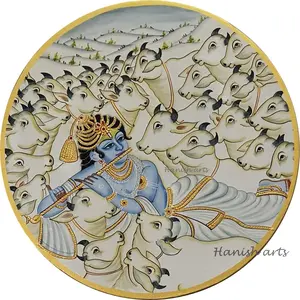 PICHWAI- PAINTED TEMPLE HANGING - Lord Krishna with Cow's Contemporary Wall Plate - Hand Painted on Wood (12" inches) Embossed Work (kc)