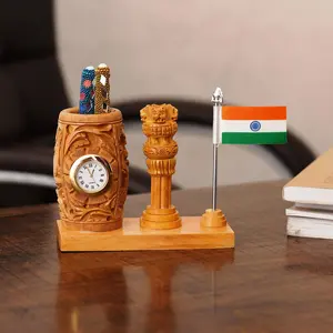 MEENAKARI ENAMEL PRODUCTS Nature Wooden Color Pen Stand with Table Clock Ashok Stambh & Flag for Child Desk Office Use and Gifts (14X6X11CM)