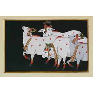 PICHWAI- PAINTED TEMPLE HANGING - Cow's Handmade Pichwai Painting (Hand Painted on Cloth) (10x16 inchesh Unframed)