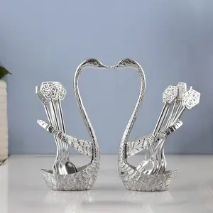 MEENAKARI ENAMEL PRODUCTS Silver Plated Swan Duck Shape Spoon & Fork Holder with 6 Spoon & 6 Fork Showpiece Item for Dining Table.
