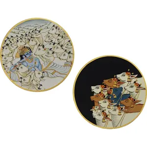 PICHWAI- PAINTED TEMPLE HANGING - Lord Krishna with Cow's Contemporary Pichwai on Wall Plate - Hand Painted on Wood (12" inches) (A Set of 2 Wooden Plates) (kc2)