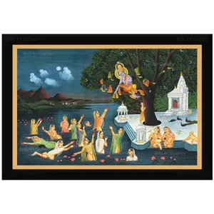PICHWAI- PAINTED TEMPLE HANGING Pichwai Painting Krishna Vastra Haran Leela with Gopis Photo Frame Size 19.5X13.5 Inches