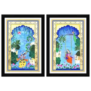 PICHWAI- PAINTED TEMPLE HANGING Pichwai Painting Radha & Krishna Saavn in Jaipur Darshan Photo Frames Size 13.5X19.5 Inches