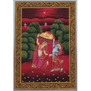 PICHWAI- PAINTED TEMPLE HANGING - Handmade Radha Krishna Red Theme Daan Painting