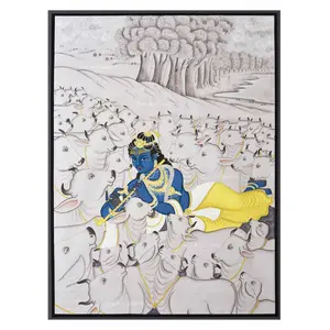 PICHWAI- PAINTED TEMPLE HANGING Large Pichwai Painting Print Krishna The Cowherd Boy Size 36X48 Inches