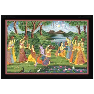 PICHWAI- PAINTED TEMPLE HANGING Pichwai Painting Krishna teasing Gopis for Makhan Photo Frame Size 19.5X13.5 Inches