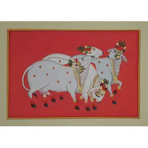 PICHWAI- PAINTED TEMPLE HANGING - Cow's Pichwai (Hand Painted on Cloth) (10x16 inchesh Unframed)