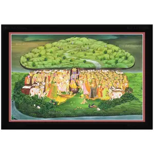 PICHWAI- PAINTED TEMPLE HANGING Pichwai Painting Krishna lifts Goverdhan Hill Photo Frame Size 19.5X13.5 Inches