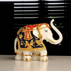 MEENAKARI ENAMEL PRODUCTS 3" Resin Handmade Trunk Up Elephant Statue with Body Golden Plated Animal Figurines Gifts for Home Dcor and Office Living Room Bedroom - Multicolor