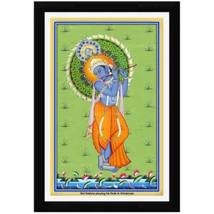 PICHWAI- PAINTED TEMPLE HANGING Pichwai Painting Krishna playing his Flute in Vrindavan Photo Frame Size 13.5X19.5 Inches