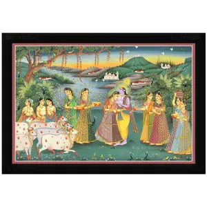 PICHWAI- PAINTED TEMPLE HANGING Pichwai Painting Krishna meets Radha with Gopis and Gwalas Photo Frame Size 19.5X13.5 Inches