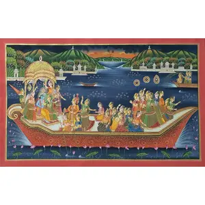 PICHWAI- PAINTED TEMPLE HANGING Radha Krishna Pichwai On Yamuna River