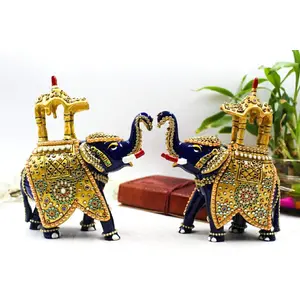 MEENAKARI ENAMEL PRODUCTS 6" Metal Meenakari Ambabari Trunk Up Elephant Spiritual Auspicious Handmade Decorative Showpiece Figurine (Set of 2)