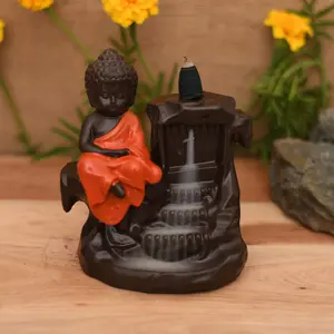 MEENAKARI ENAMEL PRODUCTS Polyresin Meditating Monk Big Size Buddha Incense Holder with 10 Free Smoke Backflow Scented Cone Incenses (Orange)