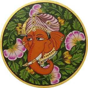 PICHWAI- PAINTED TEMPLE HANGING - Lord Ganpati Gold Theme Wall Plate Pichwai Painting - Hand Painted on Wood (10 inches) (Green)