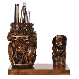 MEENAKARI ENAMEL PRODUCTS Nature Wooden Pen Stand With Ganesha for Child Desk Office Use and Gifts