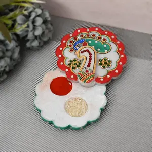 MEENAKARI ENAMEL PRODUCTS Marble Made Ganesha Leaf Shape Roli Rice Kumkum Ganesh Chopra for Tilak Tika Wedding Gifts Raksha Bhandhan Gift