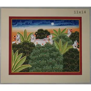 PICHWAI- PAINTED TEMPLE HANGING Cow's Pichwai Handmade Wall Decor Painting (Green 11 x 14 inches)