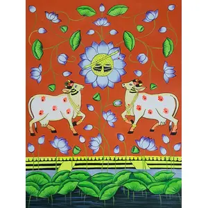 PICHWAI- PAINTED TEMPLE HANGING - Cow's Beautiful Decorative Pichwai Painting - (Hand Painted on Canvas - 18x24 inches Unframed) PC12