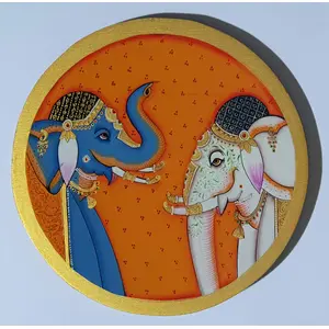 PICHWAI- PAINTED TEMPLE HANGING - Elephant Pichwai Paintings on Wooden Plate 002 (Handmade Painting) (8 * 8 inches)