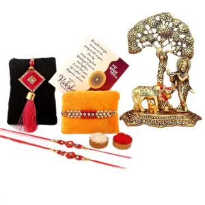 MEENAKARI ENAMEL PRODUCTS Rakhi Gifts for Brother Combo Set- 4 Rakhi Set(for Bhaiya Bhabi and 2 Children) Krishna Idol Raksha Bandhan Greeting Roli Rice Pack