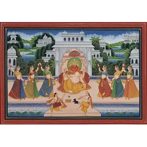 PICHWAI- PAINTED TEMPLE HANGING Lord Ganpati Ji Pichwai Handmade Painting (rs05 21x31 Inches)