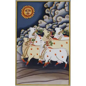 PICHWAI- PAINTED TEMPLE HANGING - Cow's Pichwai (Hand Painted on Cloth) (10x16 inches Unframed) multicolor