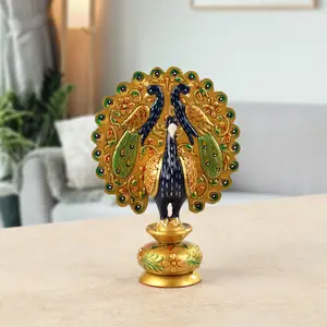 MEENAKARI ENAMEL PRODUCTS 6" Golden Amboz Resin Dancing Peacock Showpiece Figurine for Home Office Decor Gifts House Warming Statue Idols - Multicolor