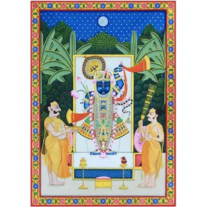 PICHWAI- PAINTED TEMPLE HANGING Large Pichwai Painting Print Shrinathji with Goswamis Aarti Darshan Size 24X34 Inches
