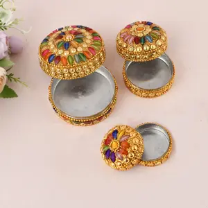 MEENAKARI ENAMEL PRODUCTS Decorative Handicraft Golden Jewelry Dabbi Vanity Box Sindoor Dabbi (3 Pcs Se of Small Medium Big)
