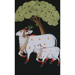 PICHWAI- PAINTED TEMPLE HANGING Cow's Pichwai Hand Painted on Cloth Unframed Wall Art (10x16 Inch Natural Stone Color)