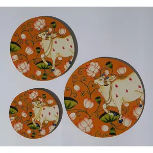 PICHWAI- PAINTED TEMPLE HANGING - Cows Handmade Pichwai on Wooden Plates (A set of 3 pcs) (Handmade Painting)