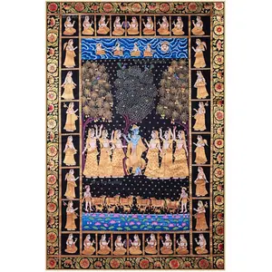 PICHWAI- PAINTED TEMPLE HANGING Large Pichwai Painting Print Krishna Leela with Gopis Size 24X36 Inches