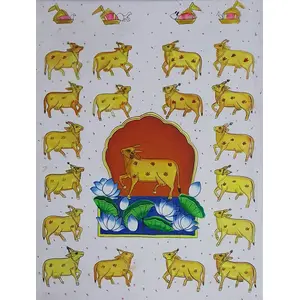 PICHWAI- PAINTED TEMPLE HANGING - Cow's Beautiful Decorative Pichwai Painting - (Hand Painted on Canvas - 18x24 inches Unframed) PC11