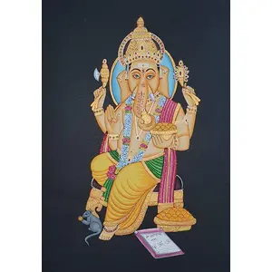 PICHWAI- PAINTED TEMPLE HANGING - Lord Ganesh Ji Painting (Handmade Painting 9x12 inches - Unframed) R016
