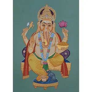 PICHWAI- PAINTED TEMPLE HANGING - Lord Ganesh Ji Painting (Handmade Painting 9x12 inches - Unframed) R014