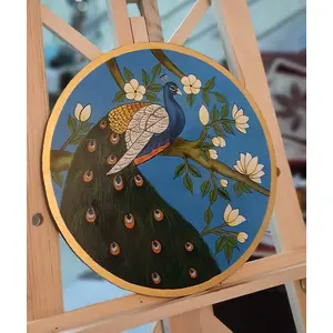 PICHWAI- PAINTED TEMPLE HANGING - Peacock Blue Theme Painting on Wooden Round Plates (Hand Painted Beautiful Painting) (A Set of 3 Wooden Plates)