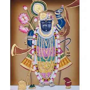 PICHWAI- PAINTED TEMPLE HANGING - Shrinathji Decorative Embossed Handmade Pichwai Painting - (Hand Painted on Wood) (8x10 inches Unframed) SN10
