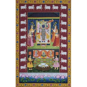PICHWAI- PAINTED TEMPLE HANGING - Shreenath Ji Pichwai Painting - Hand Painted on Cloth (21x33 inches) Unframed (sh003-p7)