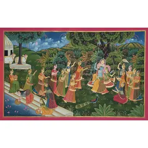 PICHWAI- PAINTED TEMPLE HANGING Radha Krishna Pichwai Handmade Religious Painting (20X31 inches Natural Stone Color)
