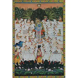 PICHWAI- PAINTED TEMPLE HANGING - Krishna with Cow's Beautiful Pichwai Painting - Hand Painted on Cloth (48x72 inches) Unframed (sh001-p1)