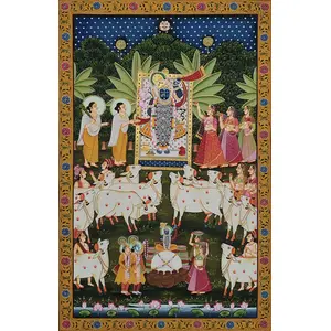 PICHWAI- PAINTED TEMPLE HANGING - Shreenath Ji Pichwai Painting - Hand Painted on Cloth (21x33 inches) Unframed (sh003-p4)