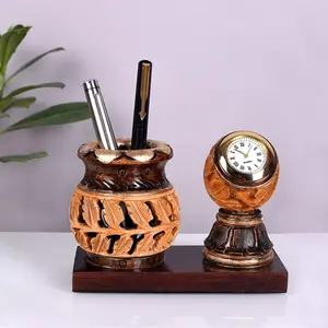 MEENAKARI ENAMEL PRODUCTS Wooden Mataka Shape Pen Stand with Table Clock for Child Desk Office Use and Gifts